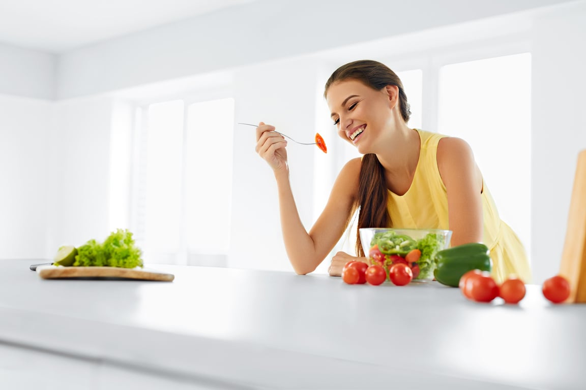 Healthy Diet. Woman Eating Vegetarian Salad. Healthy Eating, Food